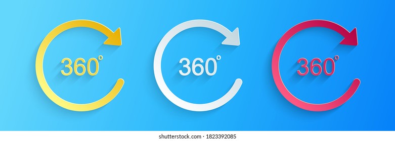 Paper cut Angle 360 degrees icon isolated on blue background. Rotation of 360 degrees. Geometry math symbol. Full rotation. Paper art style. Vector.