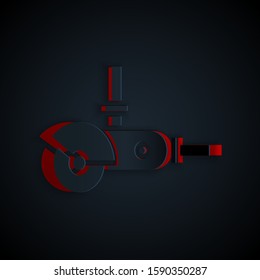 Paper cut Angle grinder icon isolated on black background. Paper art style. Vector Illustration