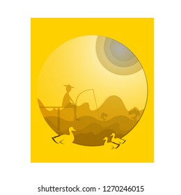 Paper cut Angler, river, sunshine, fish and duck shadow gold