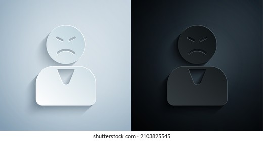 Paper Cut Angry Customer Icon Isolated On Grey And Black Background. Paper Art Style. Vector