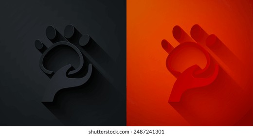 Icono de voluntario animal aislado sobre fondo negro y rojo. Concepto de cuidado animal. Estilo de arte de papel. Vector