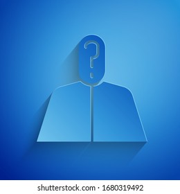 Paper cut Anonymous man with question mark icon isolated on blue background. Unknown user, incognito profile, business secrecy, obscurity. Paper art style. Vector Illustration
