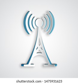 Paper cut Antenna icon isolated on grey background. Radio antenna wireless. Technology and network signal radio antenna. Paper art style. Vector Illustration