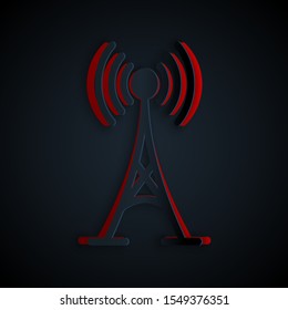 Paper cut Antenna icon isolated on black background. Radio antenna wireless. Technology and network signal radio antenna. Paper art style. Vector Illustration