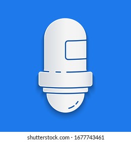 Paper cut Antiperspirant deodorant roll icon isolated on blue background. Cosmetic for body hygiene. Paper art style. Vector Illustration