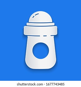 Paper cut Antiperspirant deodorant roll icon isolated on blue background. Cosmetic for body hygiene. Paper art style. Vector Illustration