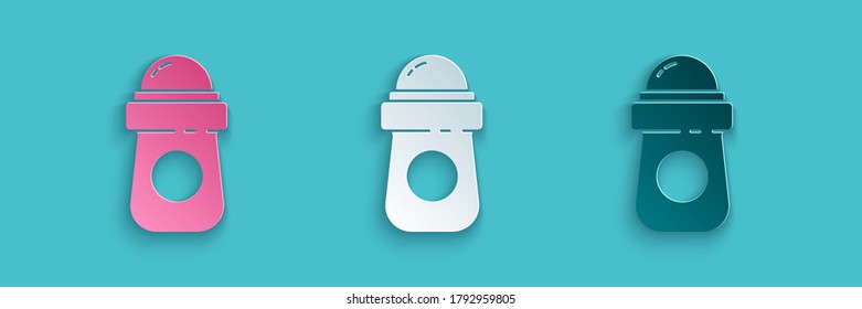 Paper cut Antiperspirant deodorant roll icon isolated on blue background. Cosmetic for body hygiene. Paper art style. Vector Illustration