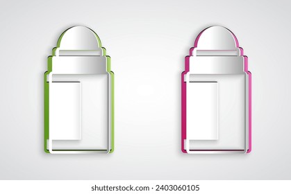 Paper cut Antiperspirant deodorant roll icon isolated on grey background. Cosmetic for body hygiene. Paper art style. Vector
