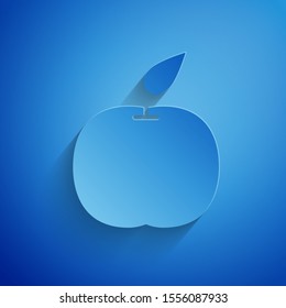 Paper cut Apple icon isolated on blue background. Fruit with leaf symbol. Paper art style. Vector Illustration