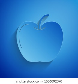 Paper cut Apple icon isolated on blue background. Fruit with leaf symbol. Paper art style. Vector Illustration