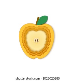 Paper cut apple. Vector illustration. Paper art style apple. Origami concept. Vector paper cut design in the form of yellow apple for design of food packaging breakfast, detox, cosmetics, jam, juice.