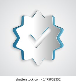 Paper cut Approved or certified medal with ribbons and check mark icon isolated on grey background. Paper art style. Vector Illustration