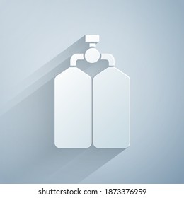 Paper cut Aqualung icon isolated on grey background. Oxygen tank for diver. Diving equipment. Extreme sport. Diving underwater equipment. Paper art style. Vector