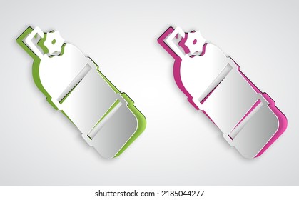 Paper cut Aqualung icon isolated on grey background. Oxygen tank for diver. Diving equipment. Extreme sport. Diving underwater equipment. Paper art style. Vector