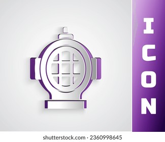 Paper cut Aqualung icon isolated on grey background. Diving helmet. Diving underwater equipment. Paper art style. Vector