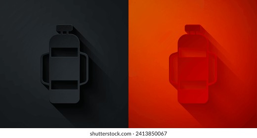 Paper cut Aqualung icon isolated on black and red background. Oxygen tank for diver. Diving equipment. Extreme sport. Diving underwater equipment. Paper art style. Vector