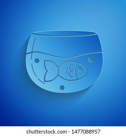 Paper cut Aquarium with fish icon isolated on blue background. Round glass aquarium. Aquarium for home and pets. Paper art style. Vector Illustration