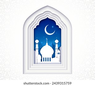 Paper cut arabian mosque islamic window, ramadan kareem holiday greeting background. 3d vector arched layered frame with moon and night ancient arab town celebrates holy season and spirit of sacrifice