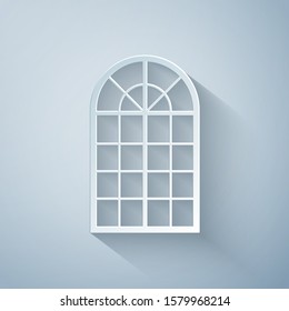 Paper cut Arched window icon isolated on grey background. Paper art style. Vector Illustration