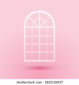 Paper cut Arched window icon isolated on pink background. Paper art style. Vector.