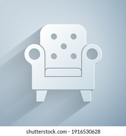 Paper cut Armchair icon isolated on grey background. Paper art style. Vector