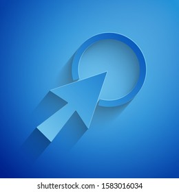 Paper cut Arrow cursor icon isolated on blue background. Paper art style. Vector Illustration