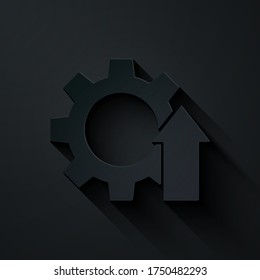 Paper cut Arrow growth gear business icon isolated on black background. Productivity icon. Paper art style. Vector Illustration