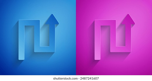 Papierschnitt Pfeil-Symbol isoliert auf blauem und lila Hintergrund. Pfeilspitzen-Richtungssymbol Navigationszeigerzeichen. Papierkunststil. Vektorgrafik