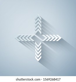 Paper cut Arrows in four directions icon isolated on grey background. Paper art style. Vector Illustration