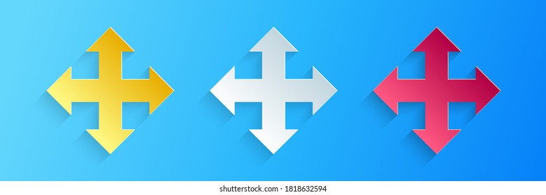 Paper cut Arrows in four directions icon isolated on blue background. Paper art style. Vector.