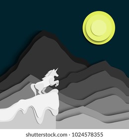 paper cut art 3d unicorn fantasy moon mountain unicorn Vector illustration, eps10. Abstract unicorn text space 
