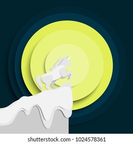 paper cut art 3d unicorn fantasy moon mountain Vector illustration, eps10. Abstract unicorn text space 
