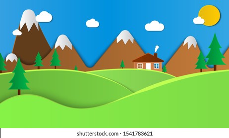 Paper cut art canadian landscape. Cabin in the woods with mountain snowy peaks. Digital craft style poster. Modern creative childish design
