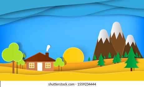 Paper cut art canadian landscape. Cabin in the woods with mountain snowy peaks. Vector illustration with paper cut out effect. Digital craft style poster. Modern creative childish design. 