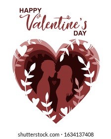 Paper cut art cartoon heart of couple silhouette with branches and leaves shapes. Valentine's day greeting card paper carve background. Origami concept. Flat-style vector illustration. February 14