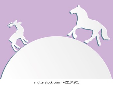 paper cut art of deer and horse are meet on earth in vector.