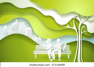 Paper cut art design style. Green tree and family. Eco nature concept city. Vector illustration