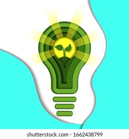 Paper cut art of green electricity and environment conservation concept with plant in light bulb. Eco friendly vector illustration. Alternative Eco green energy lamp.

