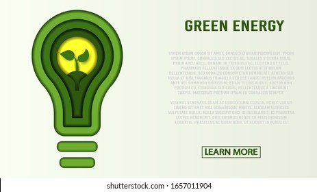 Paper cut art of green energy and environment conservation concept with plant in light bulb. Eco friendly landing page layout. Vector illustration for website, web page, slide. Eco green energy lamp.