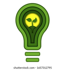 Paper cut art of green energy and environment conservation concept with plant in light bulb. Eco friendly vector illustration. Eco green energy lamp.