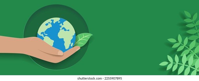 Paper cut art. Green planet in your hands. Save earth. Environment concept