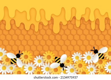 Paper cut art honeycombs with dripping honey, bees keeping nectar from flowers. Vector illustration.