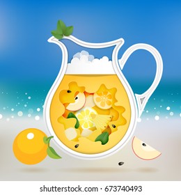 Paper cut art with jug of orange drink and leaves of mint. Water with bokeh and beach on backdrop. 