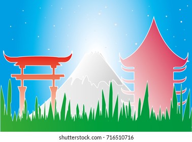 Paper cut art of the Landmark Landscape, Mount Fuji Volcano in Japan