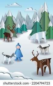 Paper cut art landscape of christmas and happy new year, and discover. 3d illustration. Vector graphic illustration.