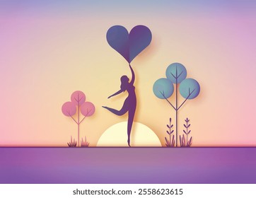 paper cut art  love and valentine with serenity and joy, with its harmonious colors, a graceful figure holding a heart, and a peaceful sunset background