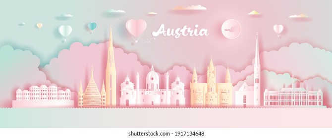 Paper cut, Paper Art, Origami, Postcard And Poster, Austria Colorful Architecture, Travel Landmarks with Love Balloons for Advertising, Wallpaper, Tour vienna with Panorama View Capital Colorful.
