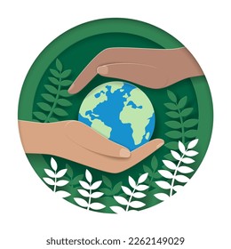 Paper cut art. planet in your hands. Save earth. Environment concept