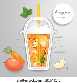 Paper cut art with plastic cup of orange drink, straw and leaves of mint. Vector illustration.   
