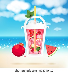 Paper cut art with plastic cup of red drink, straw and leaves of mint. Beach, water and clouds on backdrop. Vector illustration.